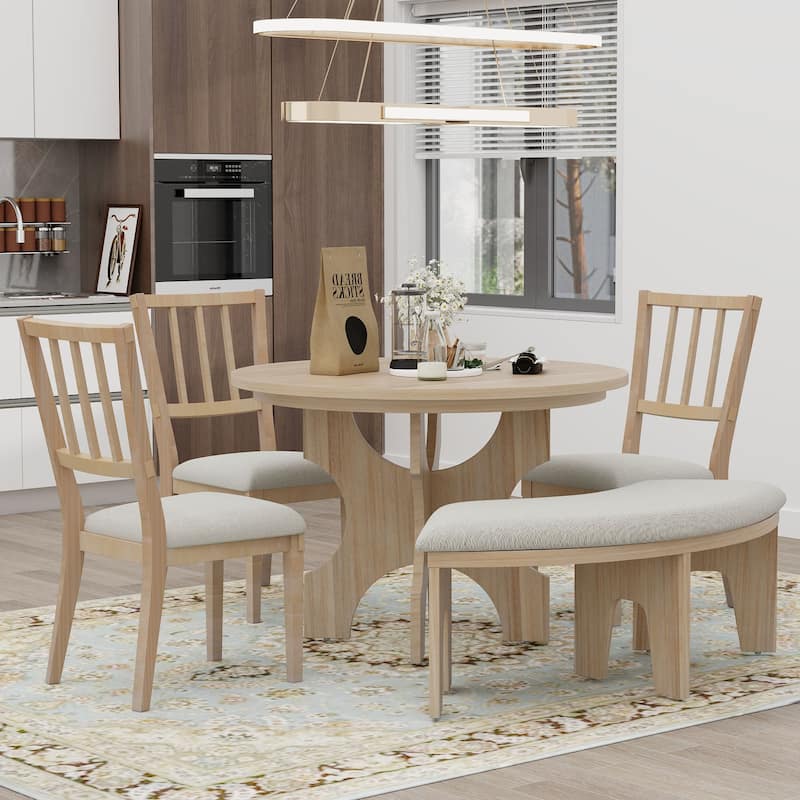5 Piece Dining Table Set, 44" Round Dining Table with Curved Bench